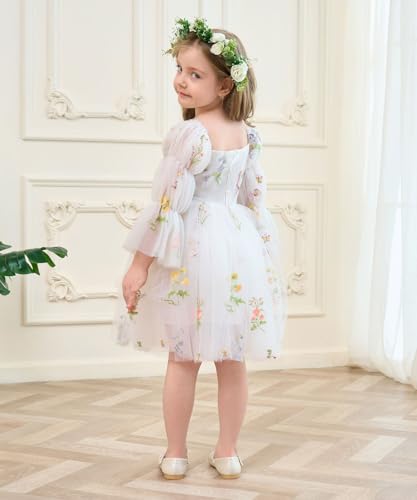 Flower Girl Dress Tulle Embroidery Long Sleeve Princess Toddler Baby Girls Fairy Wedding Pageant Gown3