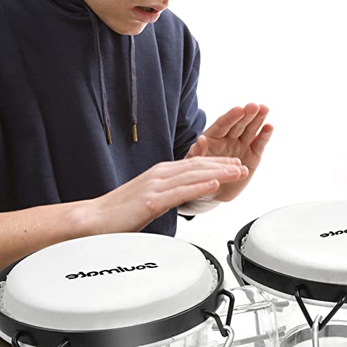 Soulmate Bongo Drums 6” And 7” Set For Kids Beginners Adults Professionals Transparent Bongos Drum Percussion Instrument With Tuning Wrench,Natural Finish Bongos Drum(White Bongos) #TOP6