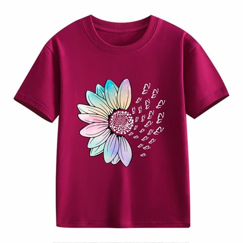 Girls Loose Fit Sunflower Graphic T Shirts Short Sleeve Crewneck Cute Pattern Printed Tops Kids (A-Wine, 6-7 Years)2
