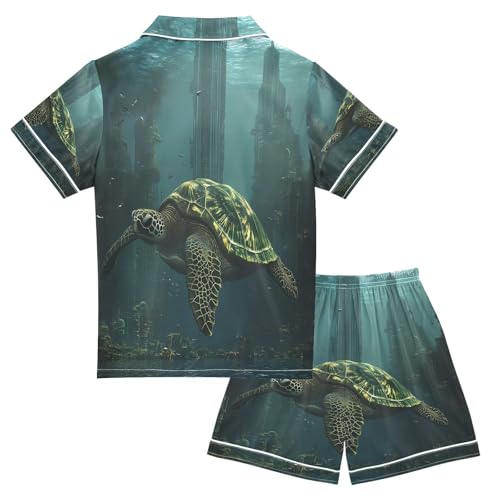 ALAZA Green Turtle Cityscape Satin Pajamas Set Short Sleeve Button Down Sleepwear Summer Pjs 2 Piece2