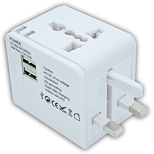 CRAZY AL'S Worldwide Universal International Travel Adapter, with 2 USB Charging Ports & Universal AC Socket,Suitable for Apple, Samsung, Sony, BlackBerry, HTC,etc. White