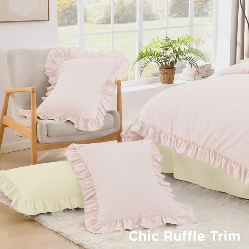 Image of Litanika Light Pink King Size Comforter Set, 3 Pieces Ruffle Farmhouse Aesthetic Bedding Comforter Set, All Season Soft Lightweight Fluffy Microfiber Bed Set(104x90In Comforter, 2 Pillowcases)