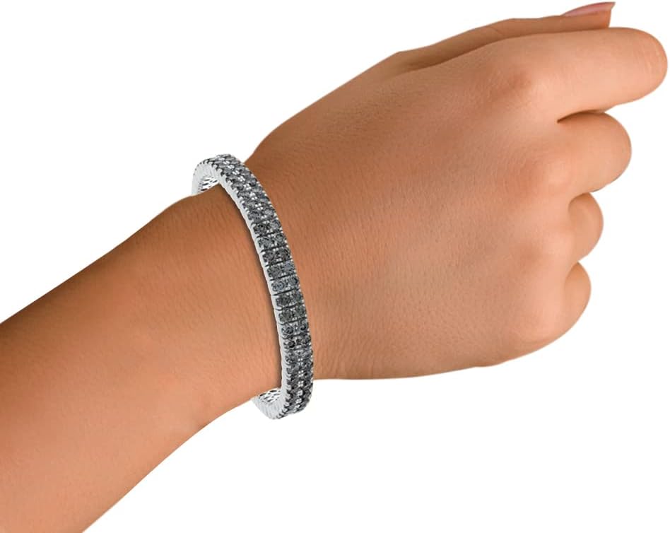 SAVEARTH DIAMONDS Round Cut Black Lab Grown Diamond 3.00MM Width Two Row Stretchable Tennis Chain Bracelet For Women In 14K Solid Gold Jewelry (Clarity : VS-SI, 10.95 Ct To 13.50 Ct)