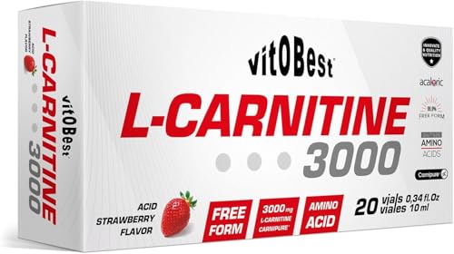 Vitobest L-Carnitine 3000 – 20 Viales x 10 ml | Carnipure® | Quema Grasa y Energía | Pre-entreno | Sabor Fresa | Alta Potencia