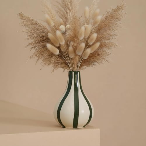 Image of PUREZENTO Green & White Striped 'Tulip Bud' Ceramic Vase 6 Inch (Pack of 1) | Unique Modern Bud Vase for Dried Flowers & Pampas Grass | Vases for Modern Home Decor, Living Room & Office Decor Ideas