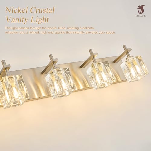 Image of VitaLink 6-Light Crystal Vanity Light, 35.4 inch Long Nickel Bathroom Wall Light Over Mirror Wide Backplate Crystal Wall Light Fixtures for Bathroom