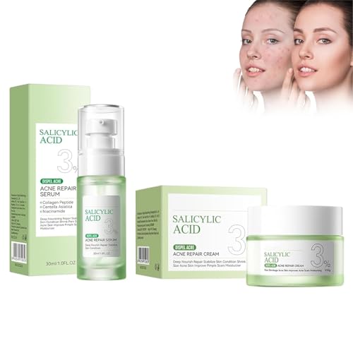 Kit De Cuidado Facial Con Ácido Salicílico, Suero Anti-Acné Y Crema Hidratante, Trata Efectivamente El Acné Y Las Espinillas, Limpia Y Minimiza Los Poros Dilatados, Controla El Exceso De Grasa