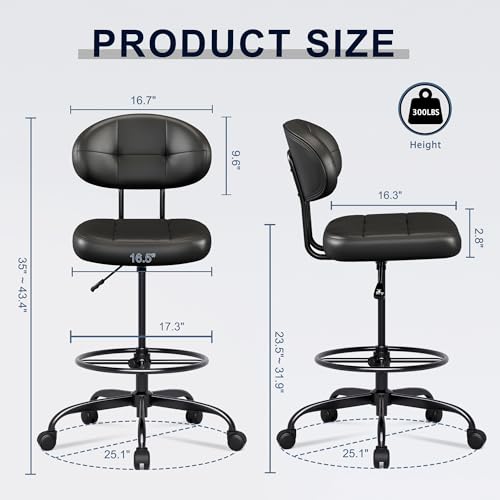 Misolant Drafting Chair Without Arms, Tall Office Chair with Footrest Ring for Standing Desk, Small Faux Leather Executive Office Chair with Adjustable Height for Bar Lab Garage Co image 8