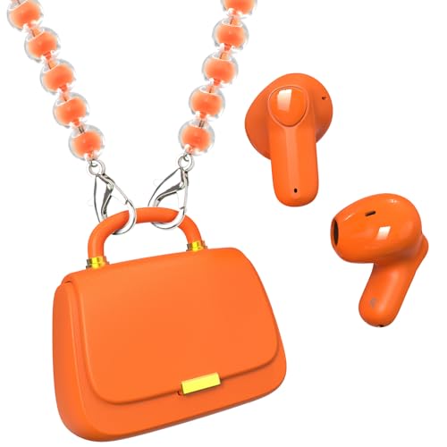 Image of ANCwear Orange Mini Purse Wireless Earbuds for Women and Teens, Citrus Cute Ear Buds with Handbag Charging Case, DIY Stickers, Bluetooth 5.3, 22H Battery Life, Dopamine Y2K Gift Earbuds for Girls