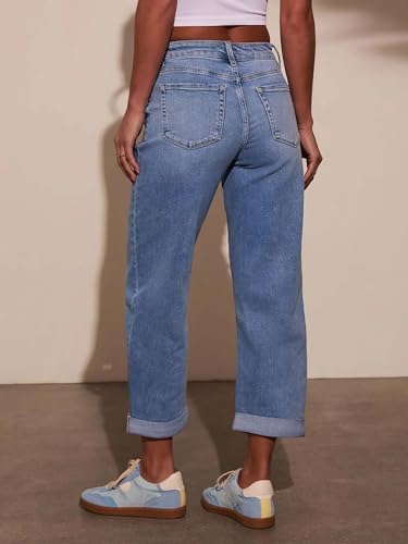 Women's High Waisted Boyfriend Jeans Stretchy Cuffed Hem Straight Leg Denim Pants4