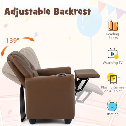 Image of GLACER Kids Recliner with Cup Holder, PU Leather Toddler Lounge Chair | Baby Recliner w /Adjustable Backrest & Footrest, Spring Seat Cushion, Push Back Toddler Sofa for Ages 3+, Supports 150 lbs