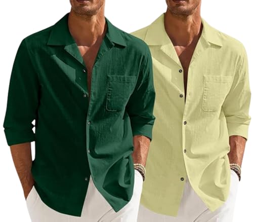 Image of Combo of Men's Casual Cotton Blend Shirt || Long Sleeve Button Down with Spread Collar | Lightweight Breathable Fabric | Stylish Solid Shirt for Beach, Office & Everyday Wear Pack of 2