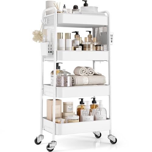 TOOLF 4-Tier Rolling Cart with Pegboard and Bins