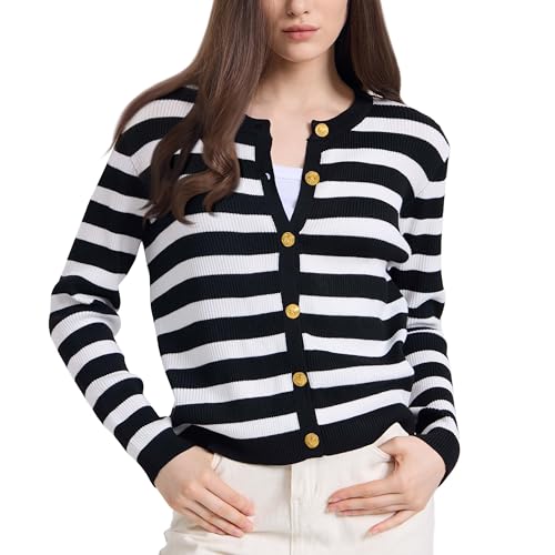 Women's Striped Cardigan Sweaters Lady Jackets Open Front Button Down Cropped Knit Coat Oufits Trendy Outerwear