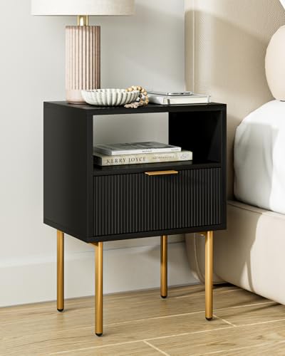 Nightstand,Morden Bedside Table with Gold Frame,Small Black Night Stand,End Table,Bedside Furniture,Side Table with Drawer and Shelf for Bedroom,Living Room (1Drawer, Black)