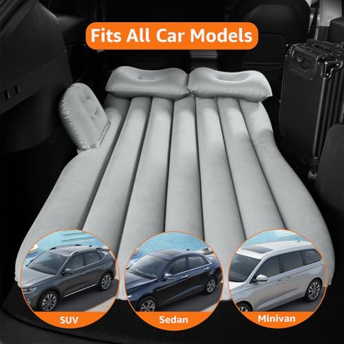 Image of Car Inflatable Bed for Back Seat, Portable SUV Air Mattress with Electric Pump, Thick Flocked Surface, Travel Sleeping Mattress for Camping, Road Trips, Outdoor Adventures (Grey)