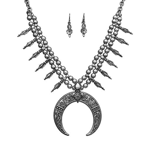 Gypsy Jewels Long Southwestern Style Trendy Boutique Style Silver Tone Unique Necklace & Earring Set (Squash Blossom)