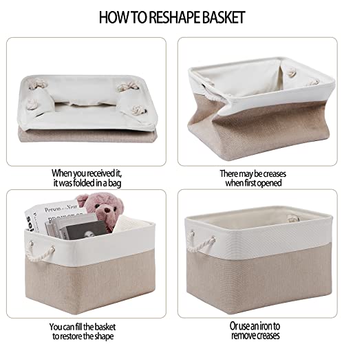 Storage Bins For Organizing (3 Pack), Large Fabric Storage Baskets For Shelves With Ropes, Foldable Storage Cubes For Home, Office,Closet, Clothes, Toys Organizer(White & Beige 15X11X9.5 Inch) #TOP3