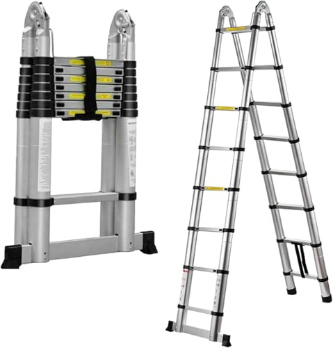 Extension Ladder Telescoping Stainless Steel Straight A-Frame Ladder Home Roof Outdoor Compact Telescopic Lightweight Safety Lock Easy to Store for Roofing Business Household RV Use (5m A-Frame)