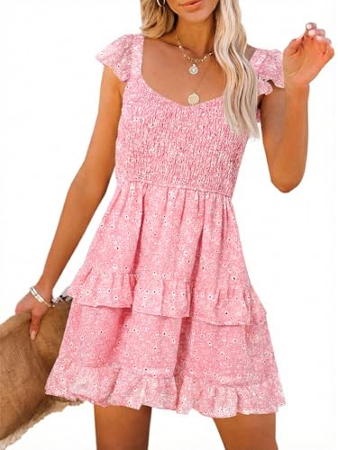 Image of Fessceruna Womens Summer Ruffle Dresses Elastic Empire Waist A-line Layered Swing Flowy Mini Dress