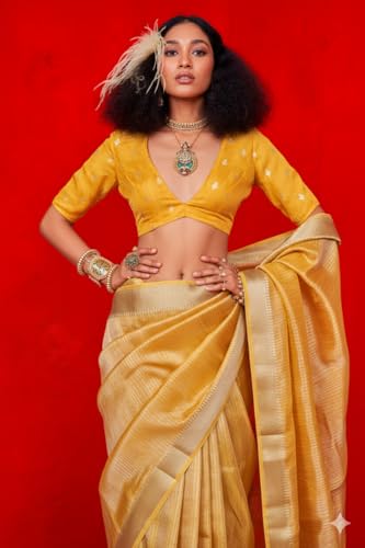 Image of SWORNOF Women's Woven Khadi Georgette Silk Saree With Unstitched Blouse Piece