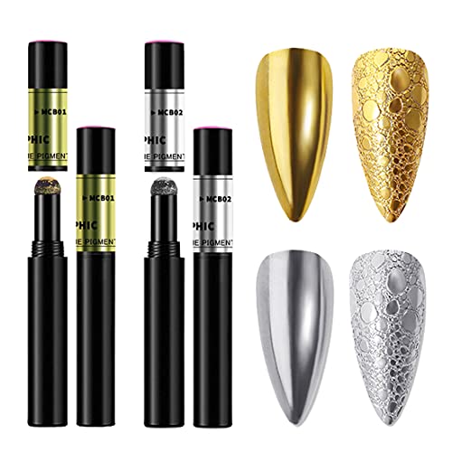 SMTHOME 2 Pieces Chrome Air Cushion Nail Powder Pen, Holographic Nails Art Pigment with Mirror Effect, Metallic Manicure Cushions Magic Pens, DIY Gel Designs Kit for Women Girls