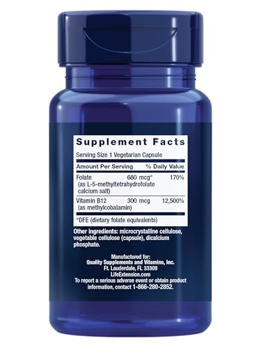 Image of Life Extension BioActive Folate & Vitamin B12, Promotes Heart, Brain & GI Tract Health, Non-GMO, Gluten-Free, Vegetarian, 90 Capsules