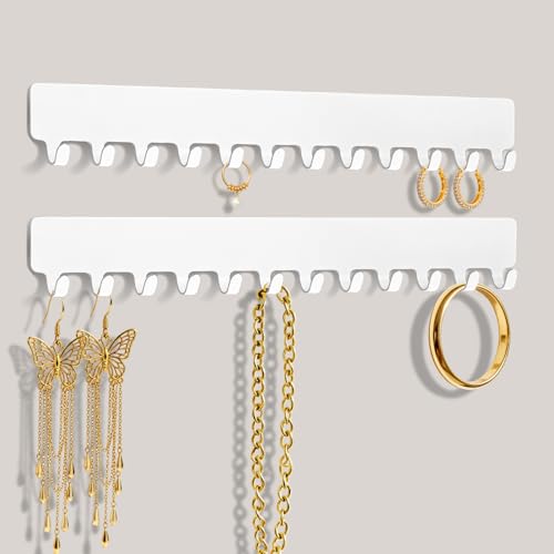 HOTUT 2PCS Organizador De Joyas Para Colgar En La Pared,Metal Soporte De Joyas Con 12 Ganchos,Soporte Para Cadenas De Joyas y Colgadores Con Autoadhesivo Para Pendientes Pulseras Collares,Blanco