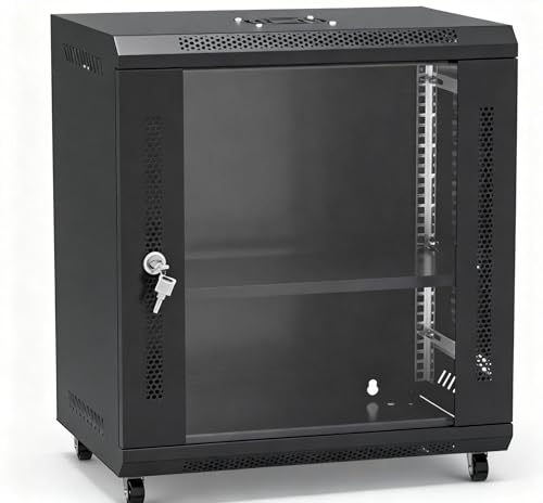 サーバーラック 12U 壁掛け ネットワークラック SPCCスチール 鍵付き扉 通気設計 外寸530×600×400mm 棚板1枚付 NAS ルーター ハブ収納 説明書付 ホワイト キャスター4個（取付式）