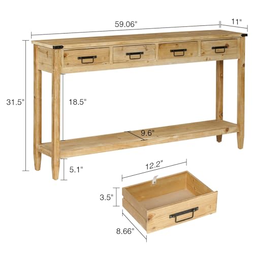 RUSTOWN Farmhouse Console Table with 4 Drawer, 60" Long Rustic Entryway Table with Open Storage Shelves and Handmade Metal Handle, Narrow Foyer Sofa Table for Living Room, Entryway, Hallway(Natural)