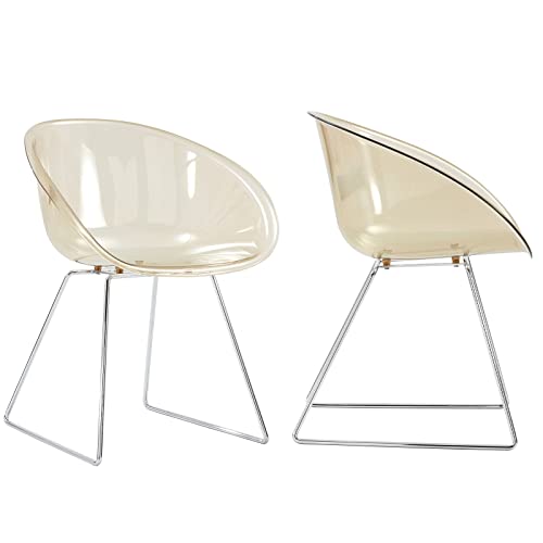 Acrylic Chairs Clear Dining Chairs Set Of 2, Transparent Shell And Metal Legs Plastic Side Chairs For Kitchen And Dining Room, Living Room (Brown) #TOP2
