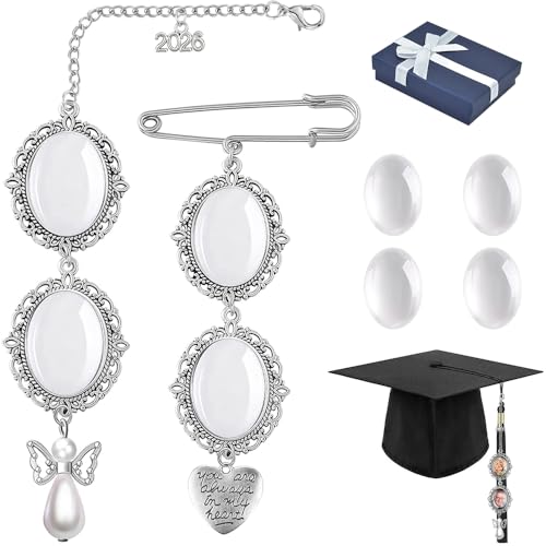 MGahyi 2Pcs Class of 2026 Graduation Tassel Photo Charm Angel Wings Heart Nameplate DIY Pin Personalized Grad Cap Photo Decoration with Gift Box Clear Glass Memorial Grad Keepsake Gift (Silver)