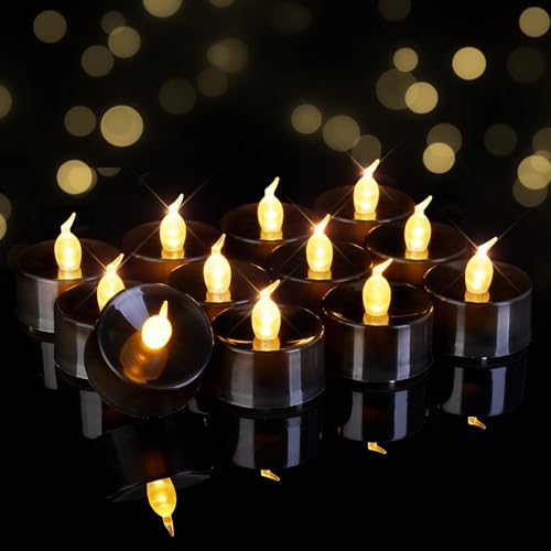 Image of Homemory Black Tea Lights Candles Battery Operated, Flickering Flameless LED Votive Candles, Warm White Tealights for Halloween, Gothic Decor, Black Gold Dinner, Outdoor Halloween, Witch, 24-Pack