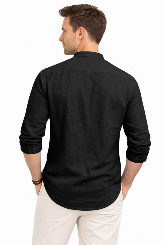 Image of ROYALSCOUT Men's Cotton Polyester Blend Kurta Style Shirt with Mandarin Collar, Half Button Placket, Dual Chest Pockets, Long Sleeve Casual Ethnic Fusion Wear for Office, Festive and Daily Use