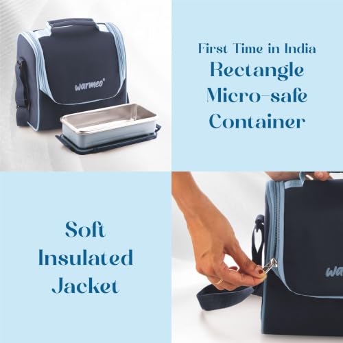 Image of WARMEO Micro Meal Microwave Safe Lunch Box | 1 Rectangular Container 600ml + 2 Round Containers 350ml Each + 1 Round Container 250ml + 1 Steel Tumbler 500ml | Office,School,Picnic,Blue