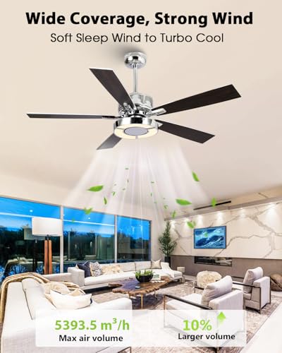 Image of 52 Inch Silver Ceiling Fans with Lights and Remote, Creative Modern Ceiling Fan, 3CCT, 6 Speeds, Quiet, Dual-Sided Reversible 5 Blades Indoor Outdoor Chandelier Fan for Bedroom Living Room