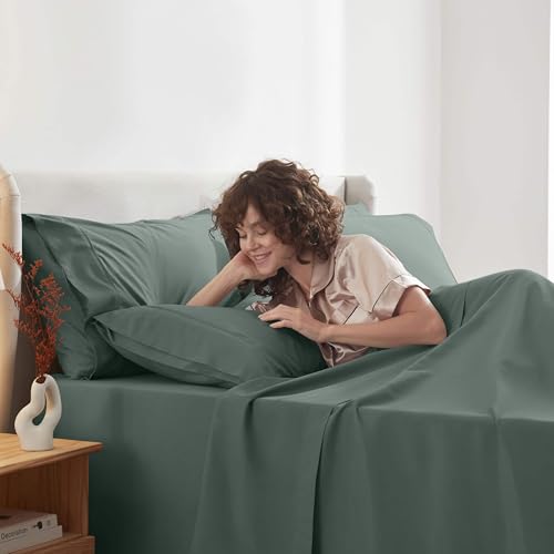Image of Nestl Extra Deep Cal King Sheet Set - 6 Piece Breathable & Cooling Sheets - Hotel Luxury Bedding Set w /18-24 Inch Deep Pockets - Easy & Secure Fit - Super Soft, Wrinkle Free & Comfy - Forest Green