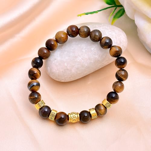 8mmTiger Eye Bracelet For Strength and Protection – Handmade Natural Crystal Stretch with Gold Accents, Stretchable Elastic Design| Daily Wear |Yoga, Devotional Gift2
