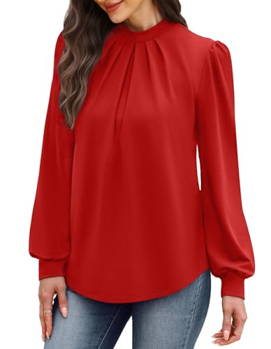 Image of WIHOLL Long Sleeve Shirts for Women Mock Neck Tops Pleated Front Blouses Dressy Casual Spring Fall Clothes 2026 Fashion