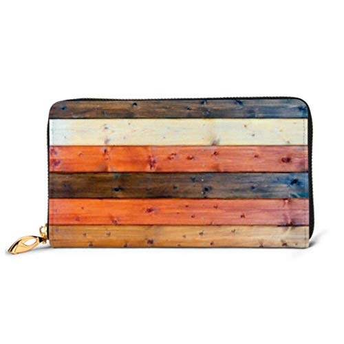 Preisvergleich Produktbild JHGFG Mode Handtasche Reißverschluss Brieftasche Hintergrund Mehrfarbig lackierte Holzbretter Holz Telefon Kupplung Geldbörse Abendkupplung Blockieren Leder Brieftasche Multi Ca.