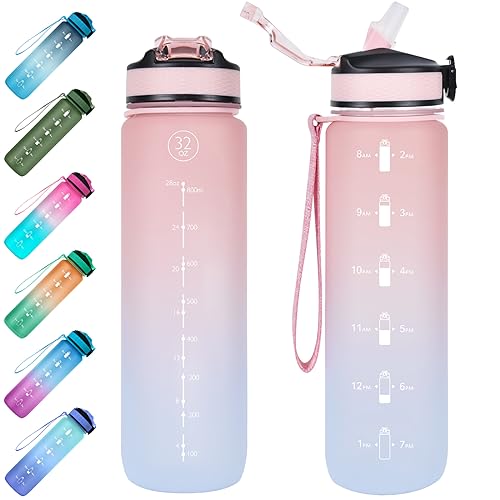 EYQ 1L Water Bottle, 1 Litre Water Bottle with Straw, 32oz Leak-Proof Motivational Sports Drinks Bottle with Time Marker