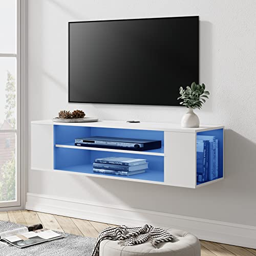 Wampat White Floating Tv Stand With Blue Led Lights, Wall Mounted Shelf Entertainment Center, Wood Media Console With Storage, Tv Cabinet Hutch Under Tv Desk For Living Room, 39 Inch #TOP1