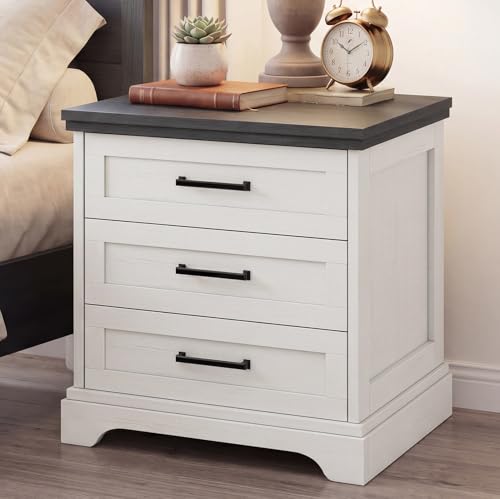 DUMOS Farmhouse Nightstand with Built-in Charging Station & USB Charging Ports Sturdy Wood Bedside Table with 3 Spacious Storage Drawers Minimalist Modern Small End Table for Bedroom White