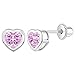 Rhodium Plated Heart Bezel Pink Crystal Screw Back Kids Girls Earrings 5mm
