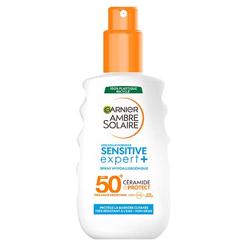 GARNIER Ambre Solaire Sensitive Expert+ – Spray de protección solar SPF 50+ – Protege contra los rayos UVA, UVB y UVA, resistente al agua, enriquecido con cerámica, para todo tipo de pieles, 150 ml