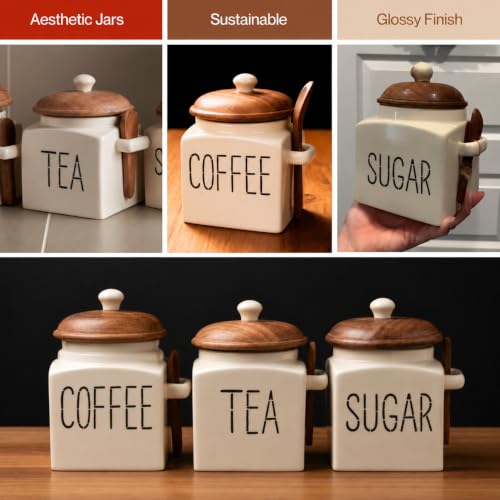 Image of Ivory Ceramic Coffee, Tea & Sugar Storage Jar Set with Wooden Lid & Spoon | Kitchen Airtight Containers (750ml each)