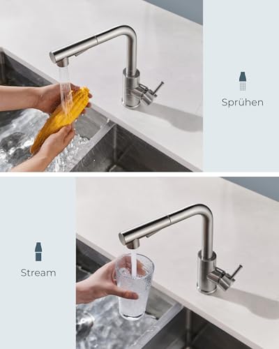 FORIOUS Wasserhahn Küche, Küchenarmatur Ausziehbar mit Brause, Spültischarmatur Küche, L-förmiger Edelstahl Mischbatterie Armatur, Zwei Sprühfunktionen, 360° Schwenkbar