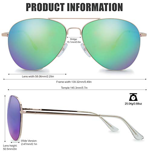Image of The Fresh Classic Aviator Sunglasses for Men Women, Metal Frame Mirror Lens, Pilot Style, Includes Cleaning Cloth, Pouch