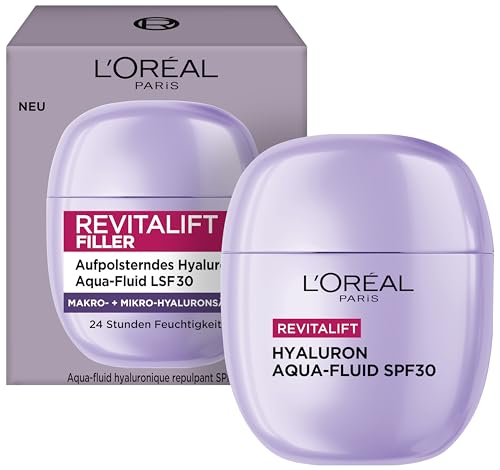 L'Oréal Paris Hyaluron Aqua-Fluid LSF 30, aufpolsternd, schützend und 24 Std. Feuchtigkeit, für strahlenden Teint, [mit Hyaluronsäure + Niacinamid], Anti-Aging Tagescreme, Revitalift Filler, 40 ml