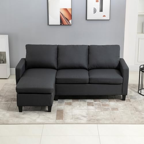 HOMCOM Ecksofa, 3 Sitzer Sofa und Kissen, Eckcouch, L-Form Couch für Wohnzimmer, Schlafzimmer 197 x 139 x 91 cm, Leinen, Dunkelgrau